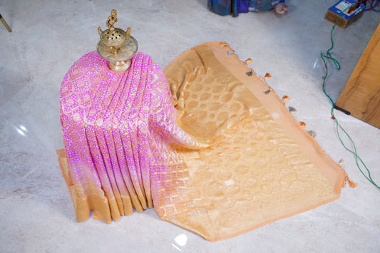 Pink Yellow Bandhani Banaras Georgette Saree
