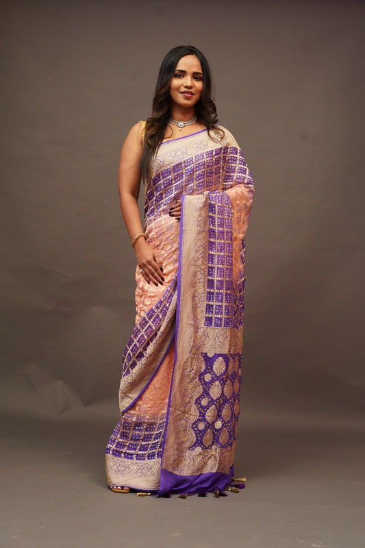Purple Peach Bandhani Banaras Georgette Saree