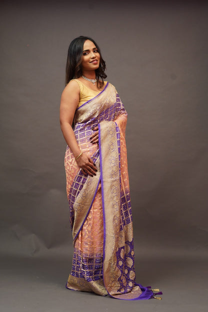 Purple Peach Bandhani Banaras Georgette Saree