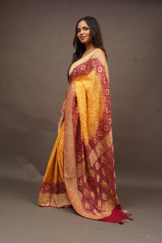 Maroon and mustard yellow banaras georgette