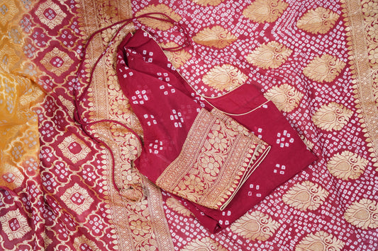 Maroon and mustard yellow banaras georgette