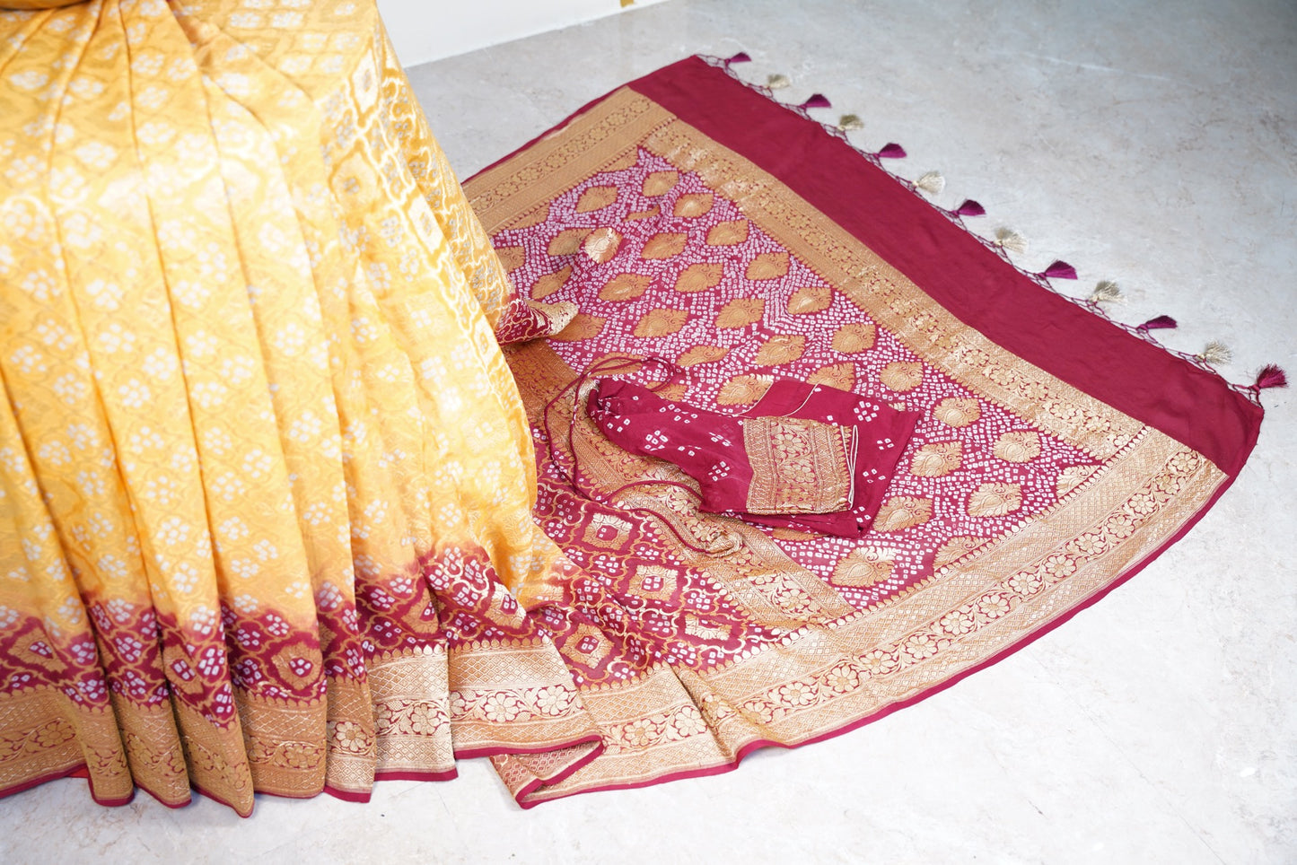 Maroon and mustard yellow banaras georgette