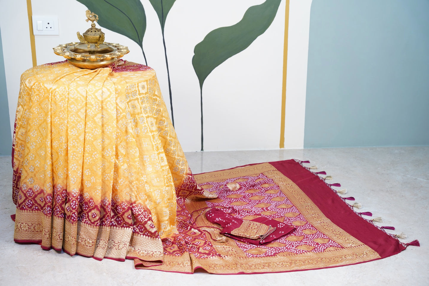 Maroon and mustard yellow banaras georgette