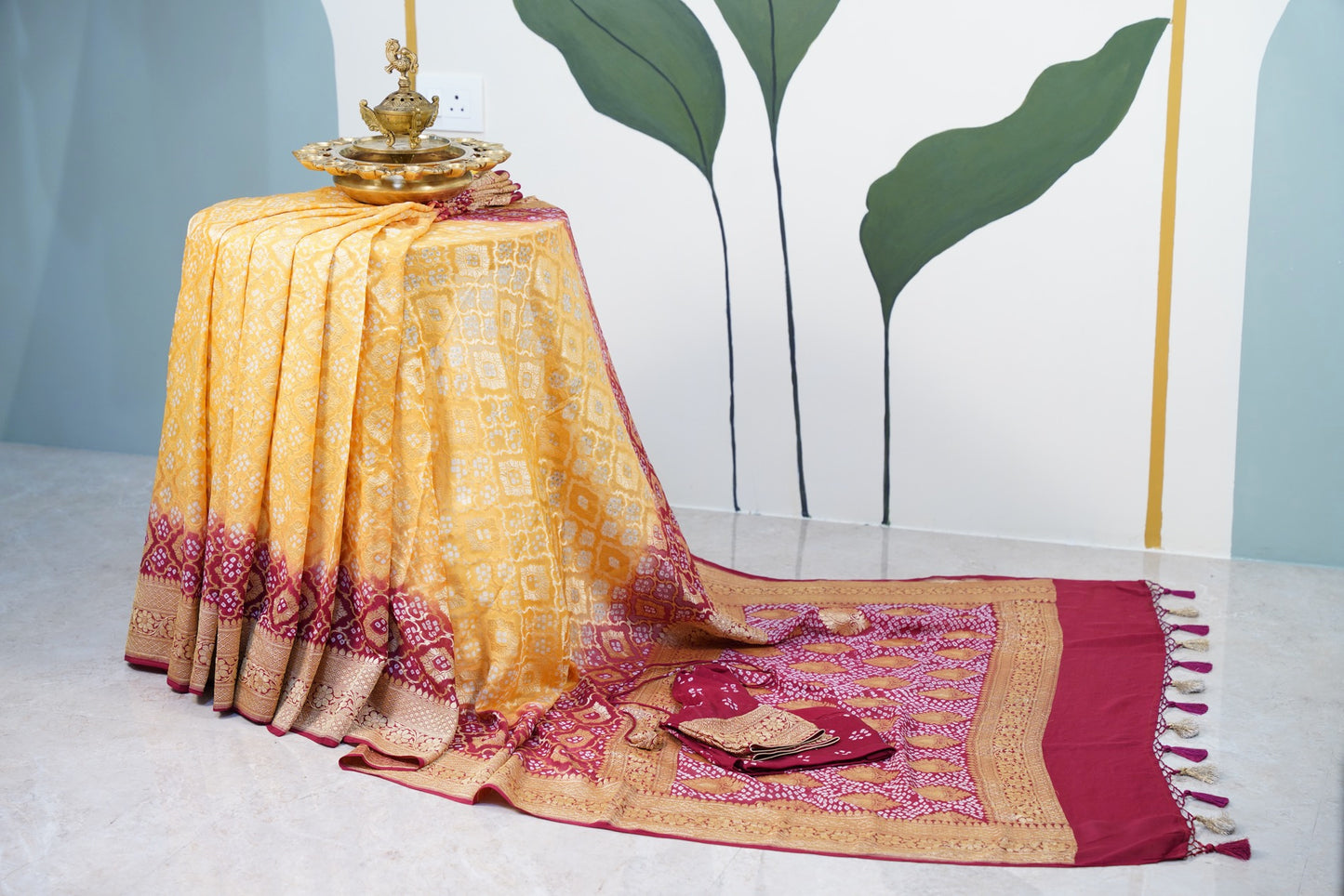 Maroon and mustard yellow banaras georgette