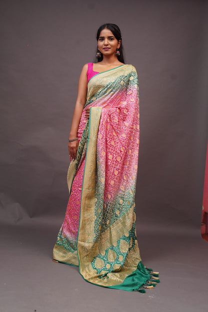 Pink Green Bandhini banaras georgette