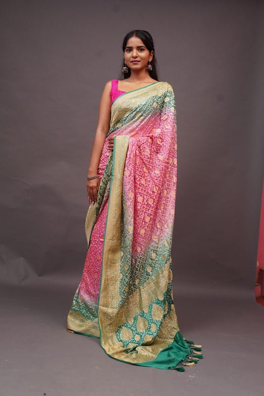 Pink Green Bandhini banaras georgette