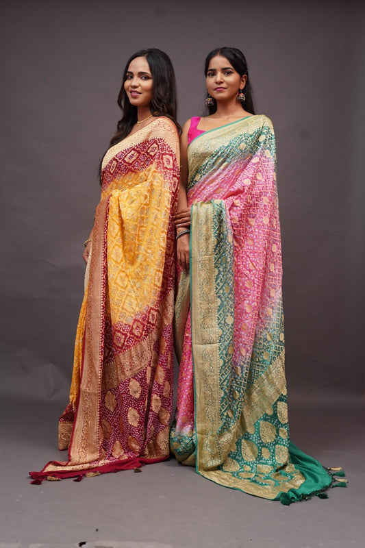 Pink Green Bandhini banaras georgette