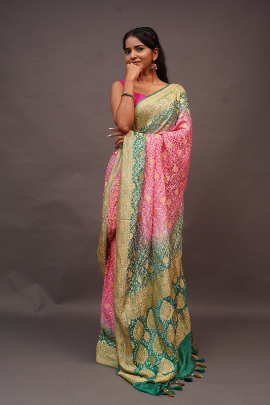 Pink and Green Bandhani Banaras Georgette Saree