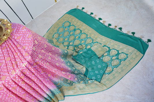 Pink and Green Bandhani Banaras Georgette Saree