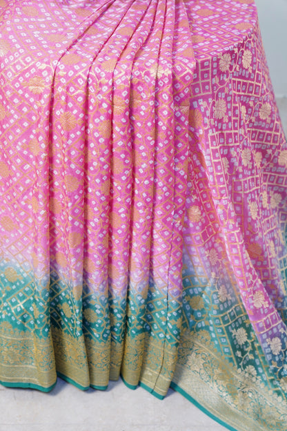 Pink Green Bandhini banaras georgette