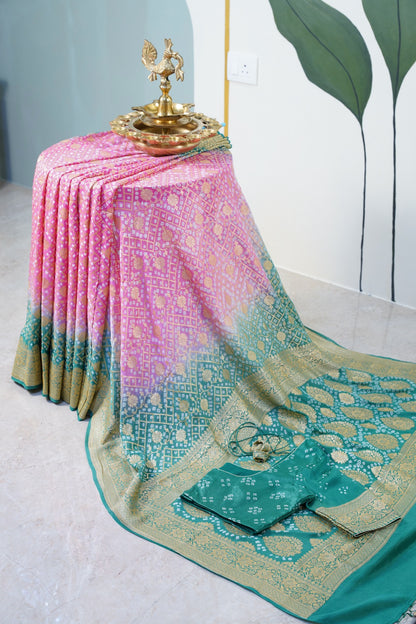 Pink and Green Bandhani Banaras Georgette Saree