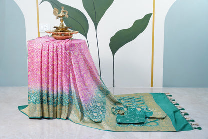 Pink and Green Bandhani Banaras Georgette Saree