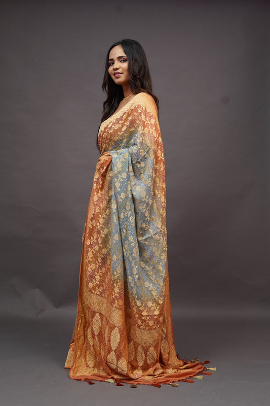 Grey and Yellow Bandhani Banaras Georgette Saree