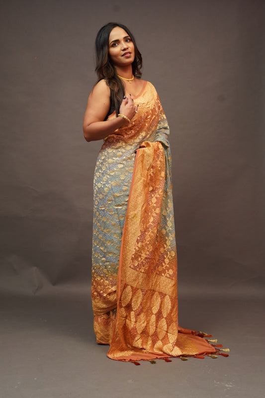 Grey and Yellow Bandhani Banaras Georgette Saree