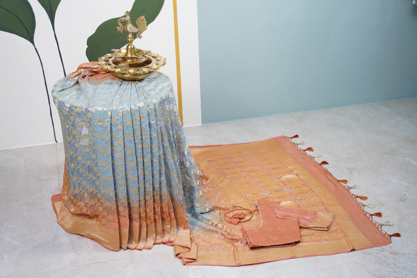 Grey and Yellow Bandhani Banaras Georgette Saree