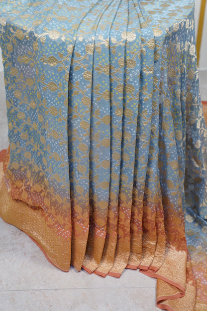Grey and Yellow Bandhani Banaras Georgette Saree
