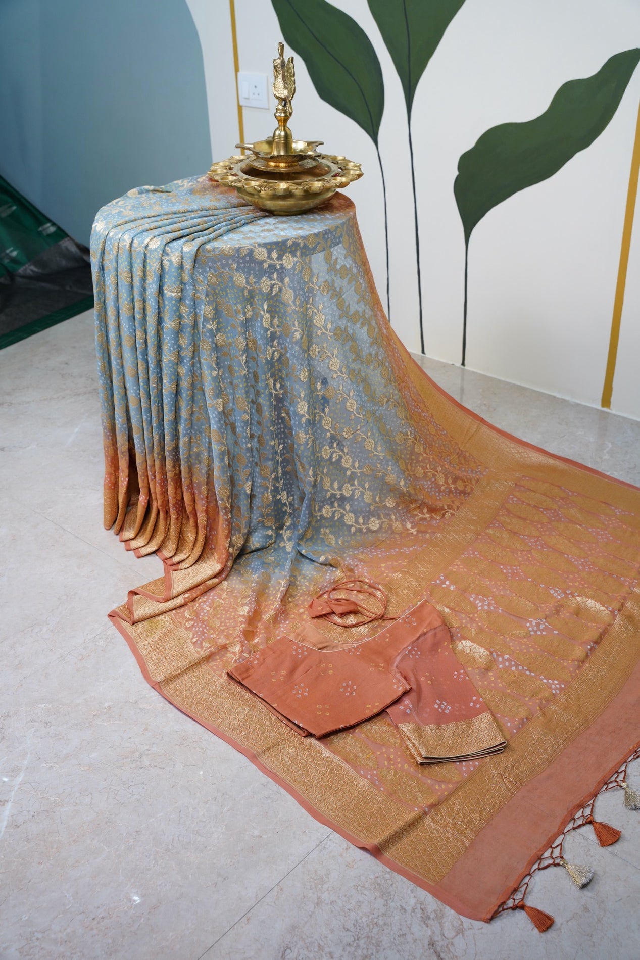Grey and Yellow Bandhani Banaras Georgette Saree