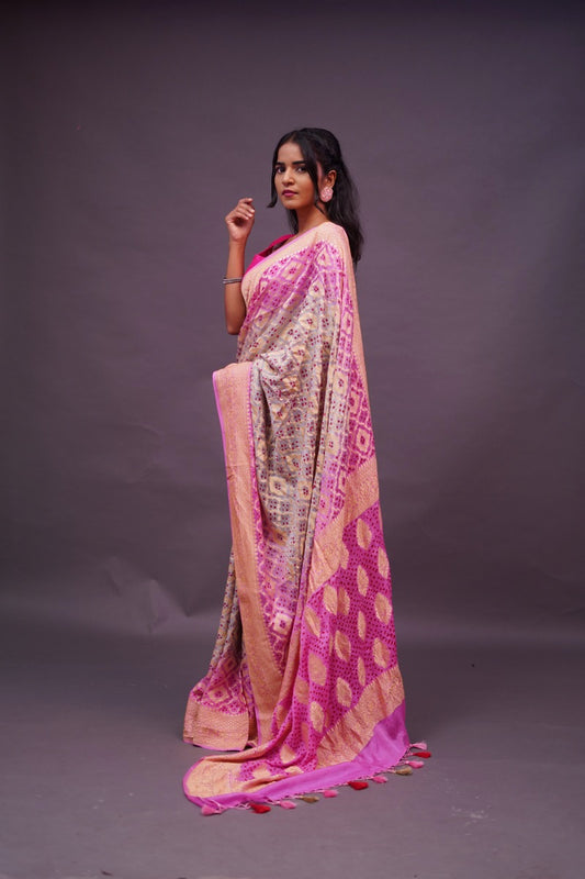 Silver Grey with Pink Bandhani Banaras Georgette Saree