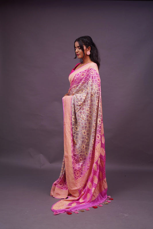 Silver Grey with Pink Bandhani Banaras Georgette Saree