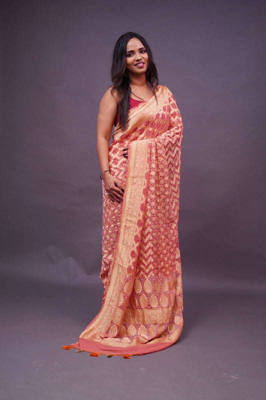 Peach Bandhani Banaras Georgette Saree