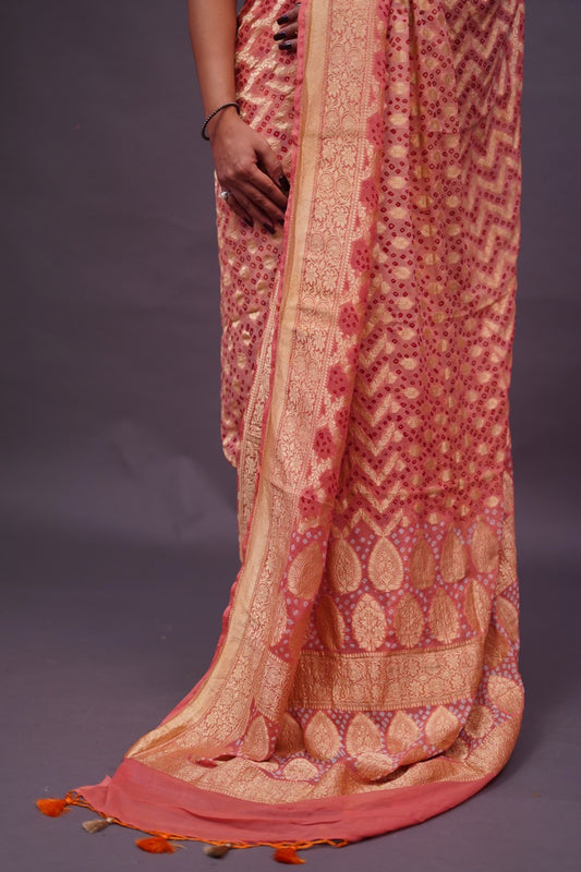 Peach Bandhani Banaras Georgette Saree