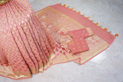Peach Bandhani Banaras Georgette Saree
