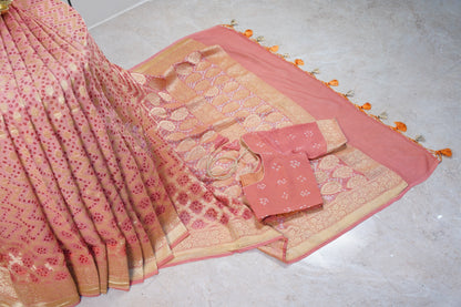 Peach Bandhani Banaras Georgette Saree