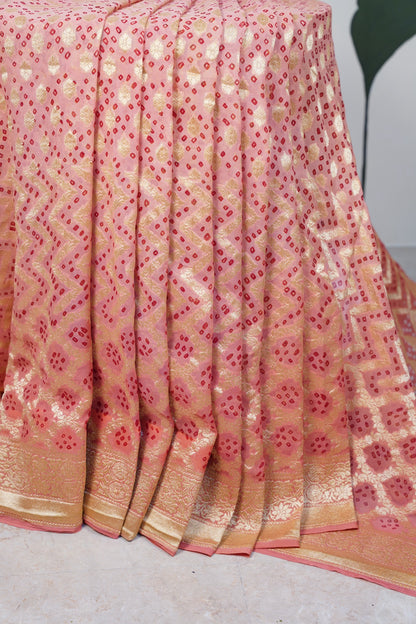Peach Bandhani Banaras Georgette Saree