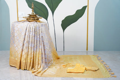 Yellow Grey Bandhani Banaras Georgette Saree