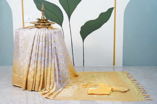 Yellow Grey Bandhani Banaras Georgette Saree