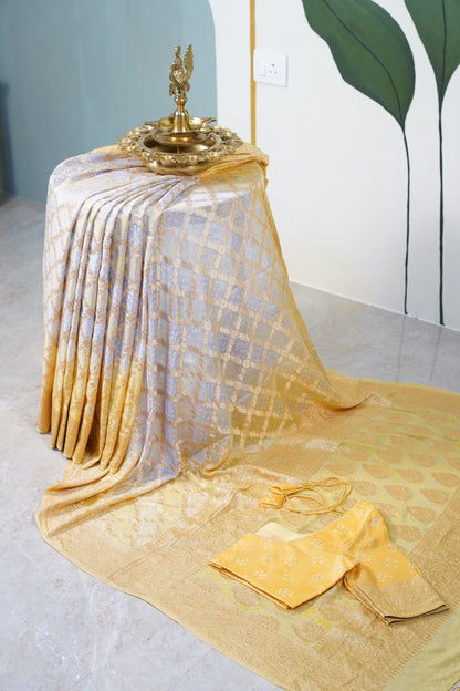 Yellow Grey Bandhani Banaras Georgette Saree
