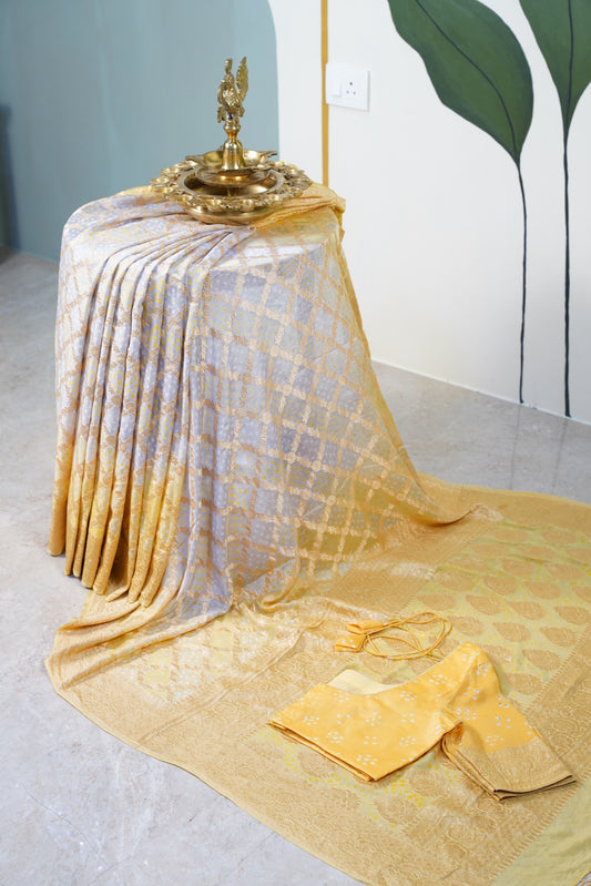 Yellow Grey Bandhani Banaras Georgette Saree