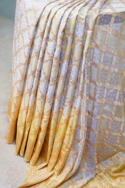 Yellow Grey Bandhani Banaras Georgette Saree
