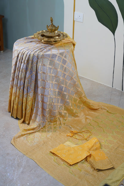 Yellow Grey Bandhani Banaras Georgette Saree