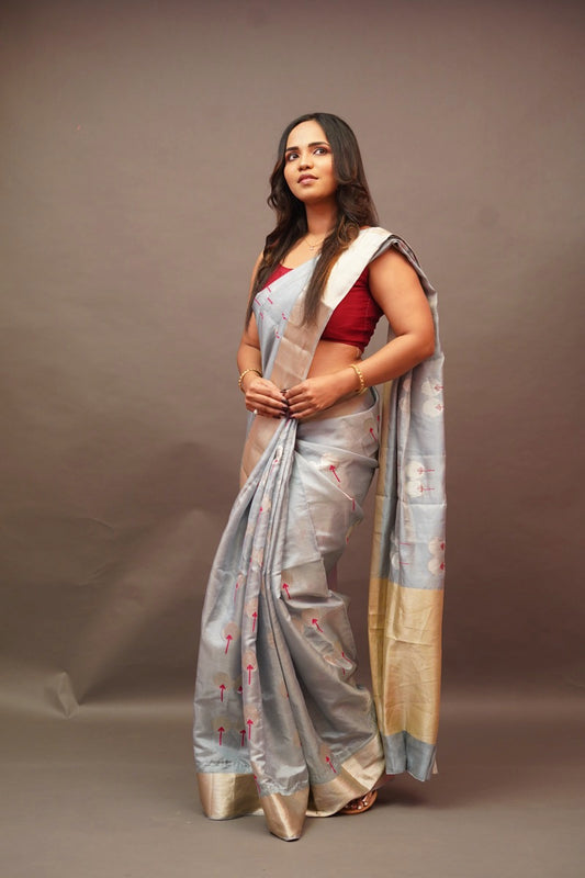 Greyesh Blue Chanderi Saree with light gold border and motifs