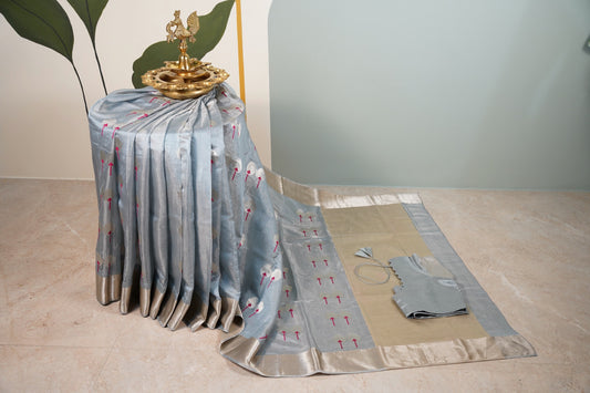 Greyesh Blue Chanderi Saree with light gold border and motifs