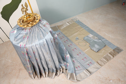 Greyesh Blue Chanderi Saree with light gold border and motifs