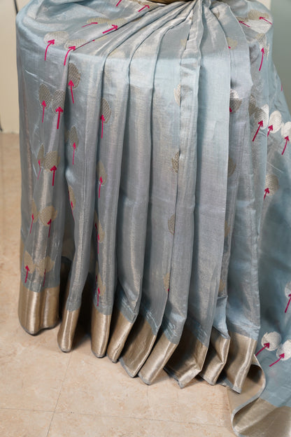 Greyesh Blue Chanderi Saree with light gold border and motifs