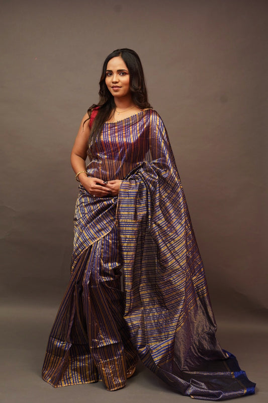 Blue Chanderi Saree with Gold Lines