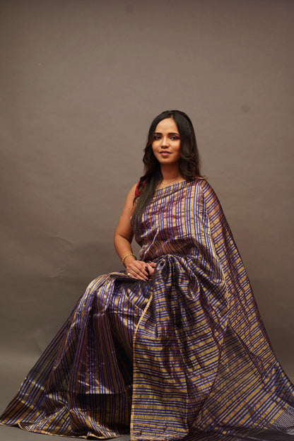 Blue Chanderi Saree with Gold Lines