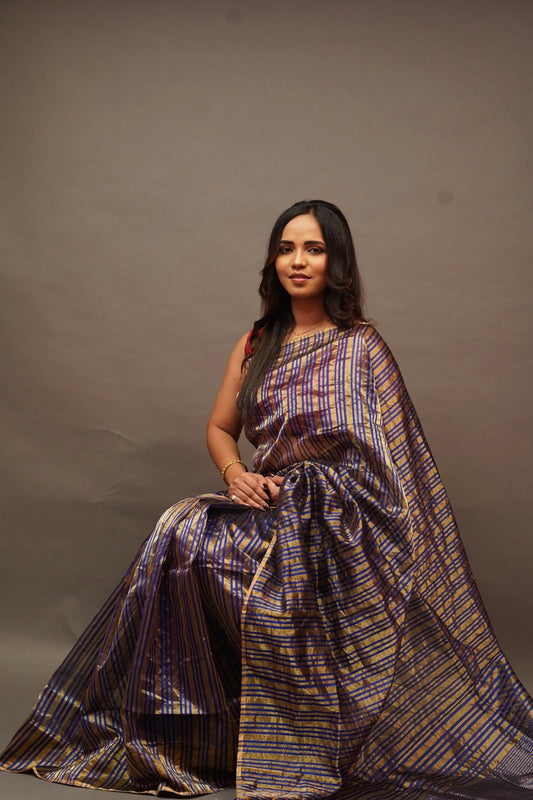 Blue Chanderi Saree with Gold Lines