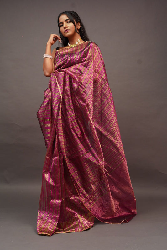 Pink Chanderi Saree with Gold Lines
