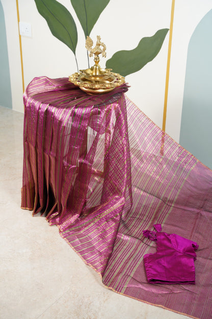 Pink Chanderi Saree with Gold Lines