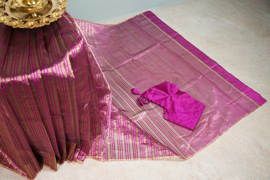 Pink Chanderi Saree with Gold Lines