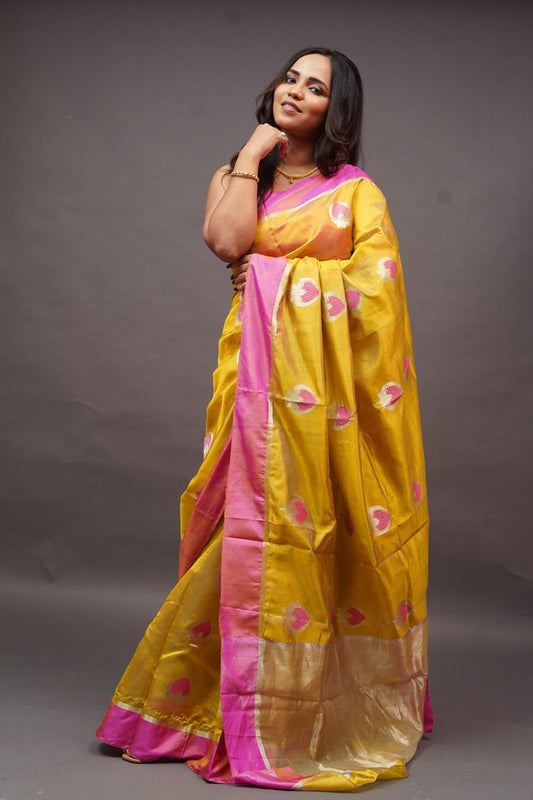 Mustard with Pink Border Saree