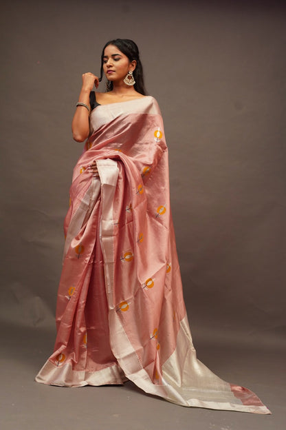 Pastel Peachish Pink Chanderi saree with miustard motifs