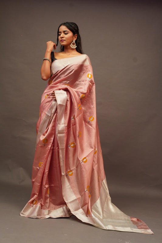 Pastel Peachish Pink Chanderi saree with miustard motifs