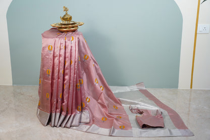 Pastel Peachish Pink Chanderi saree with miustard motifs