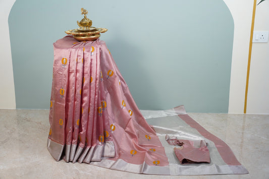 Pastel Peachish Pink Chanderi saree with miustard motifs