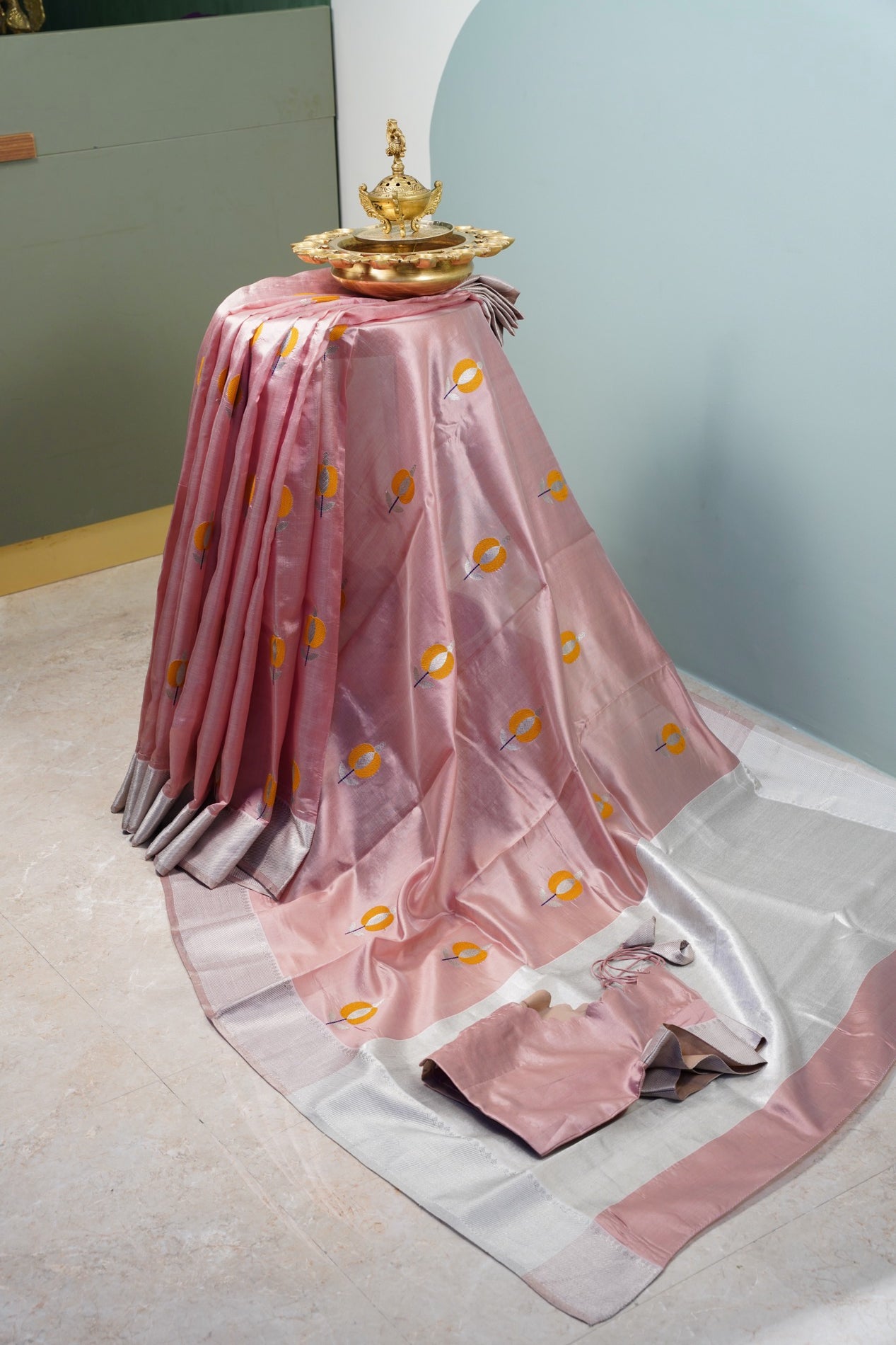 Pastel Peachish Pink Chanderi saree with miustard motifs